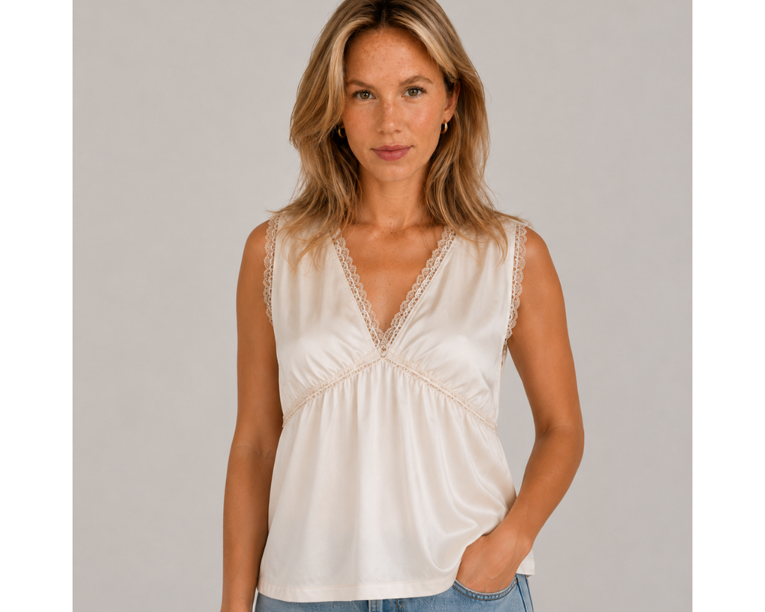 Woman wearing a white sleeveless top with lace details and blue jeans on a plain background